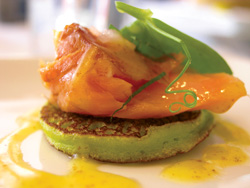 House-smoked Salmon on pea puree pancake at Tapawingo